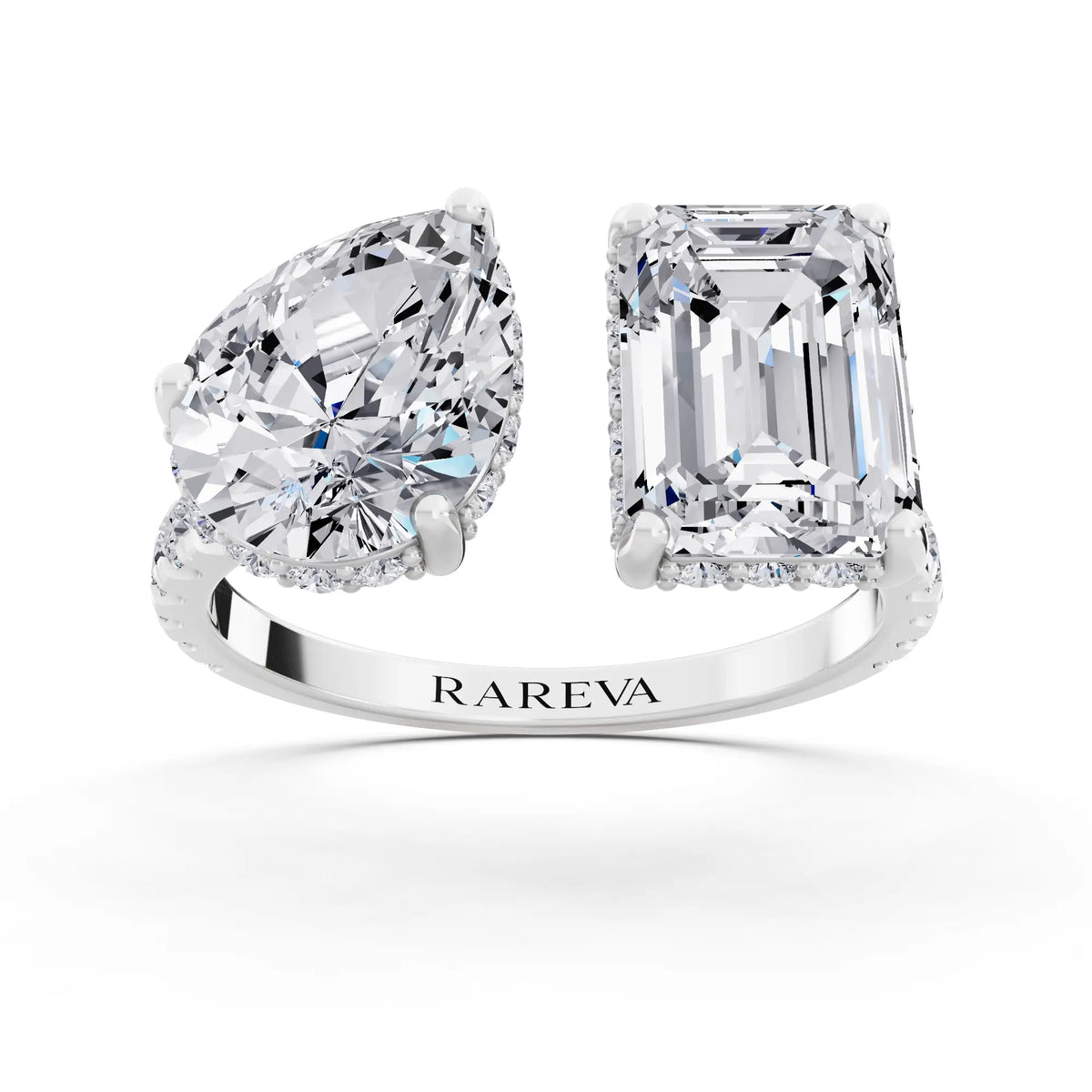 Platinum Emerald Cut Diamond Toi et Moi Ring with Pave Band - Front