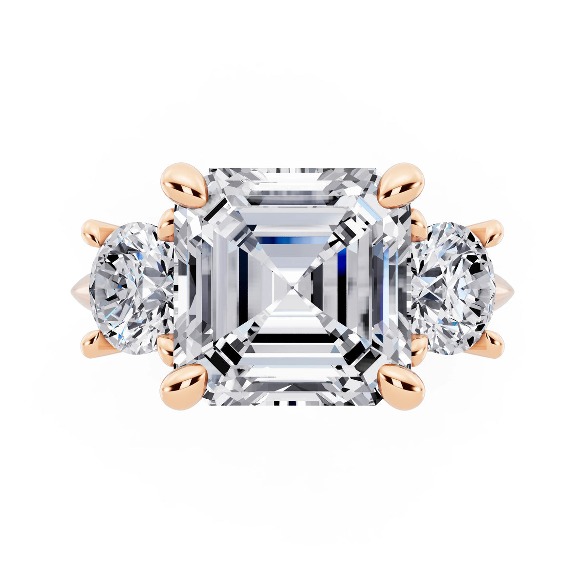 14 KT Rose Gold Asscher Cut Diamond Three Stone Ring with Round Accents - top angle