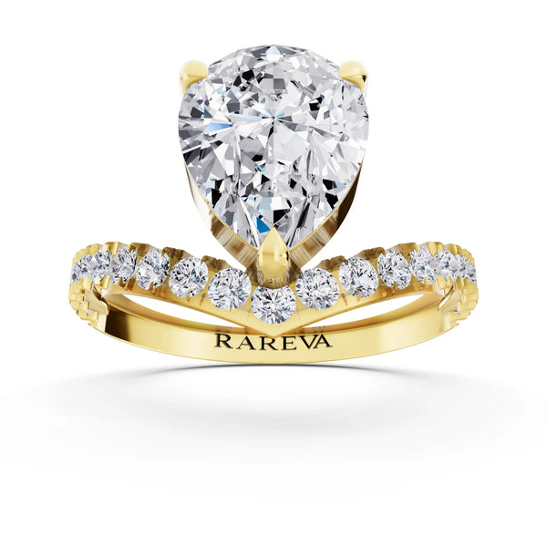 18 KT Yellow Gold Pear Cut Diamond Solitaire Ring with Pave Chevron Band