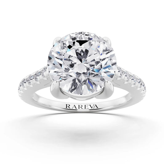 Platinum Round Cut Diamond Claw Prong Solitaire Ring with French Pave Band - front view