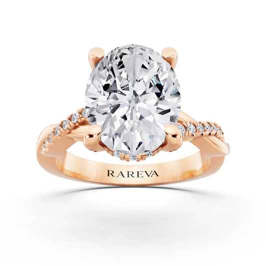 14 KT Rose Gold Oval Cut Diamond Hidden Halo Ring with Twisted Pave Band - front view