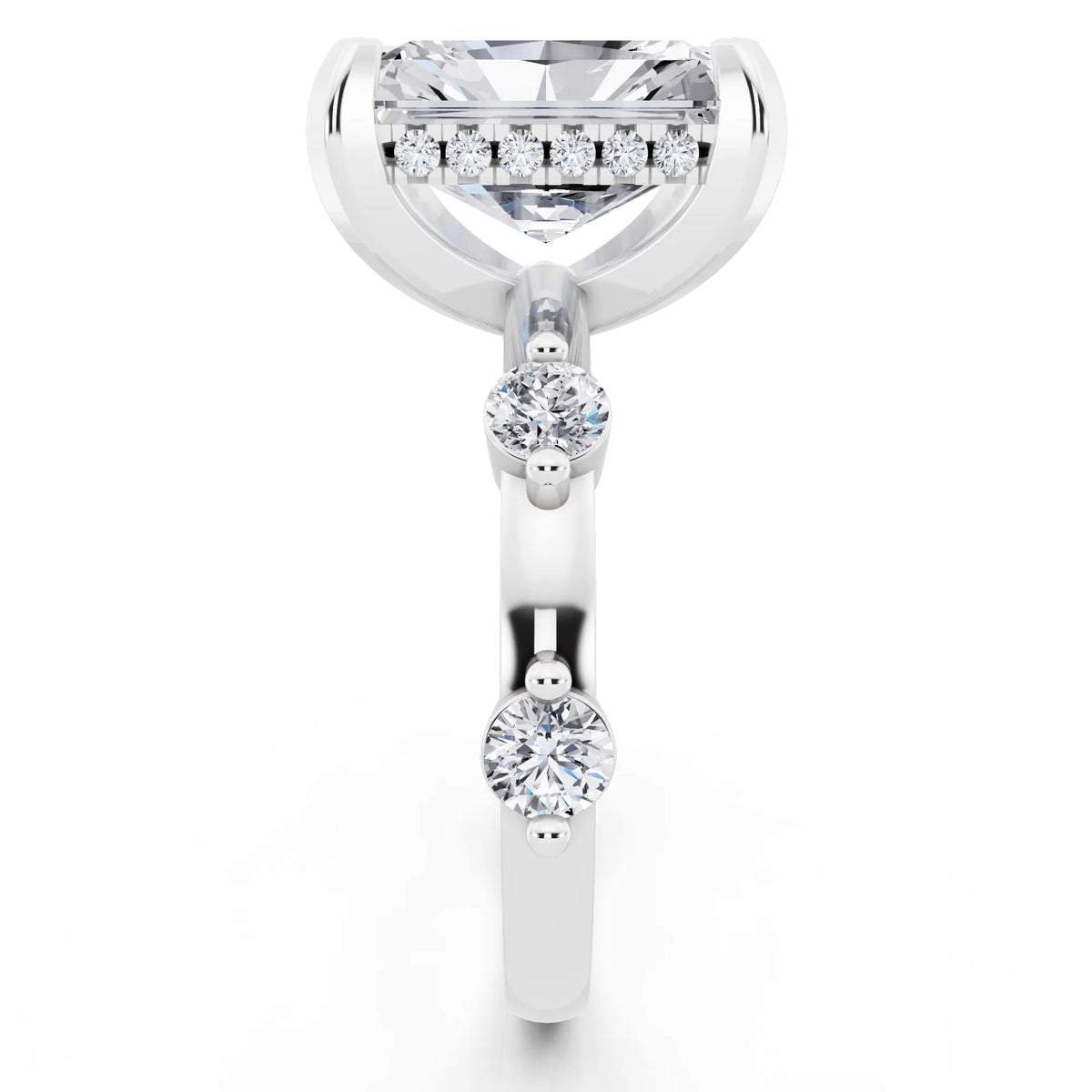 Platinum Radiant Cut Diamond Solitaire Ring with Floating Diamond Accents - side view