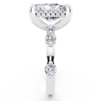 Platinum Radiant Cut Diamond Solitaire Ring with Floating Diamond Accents - side view
