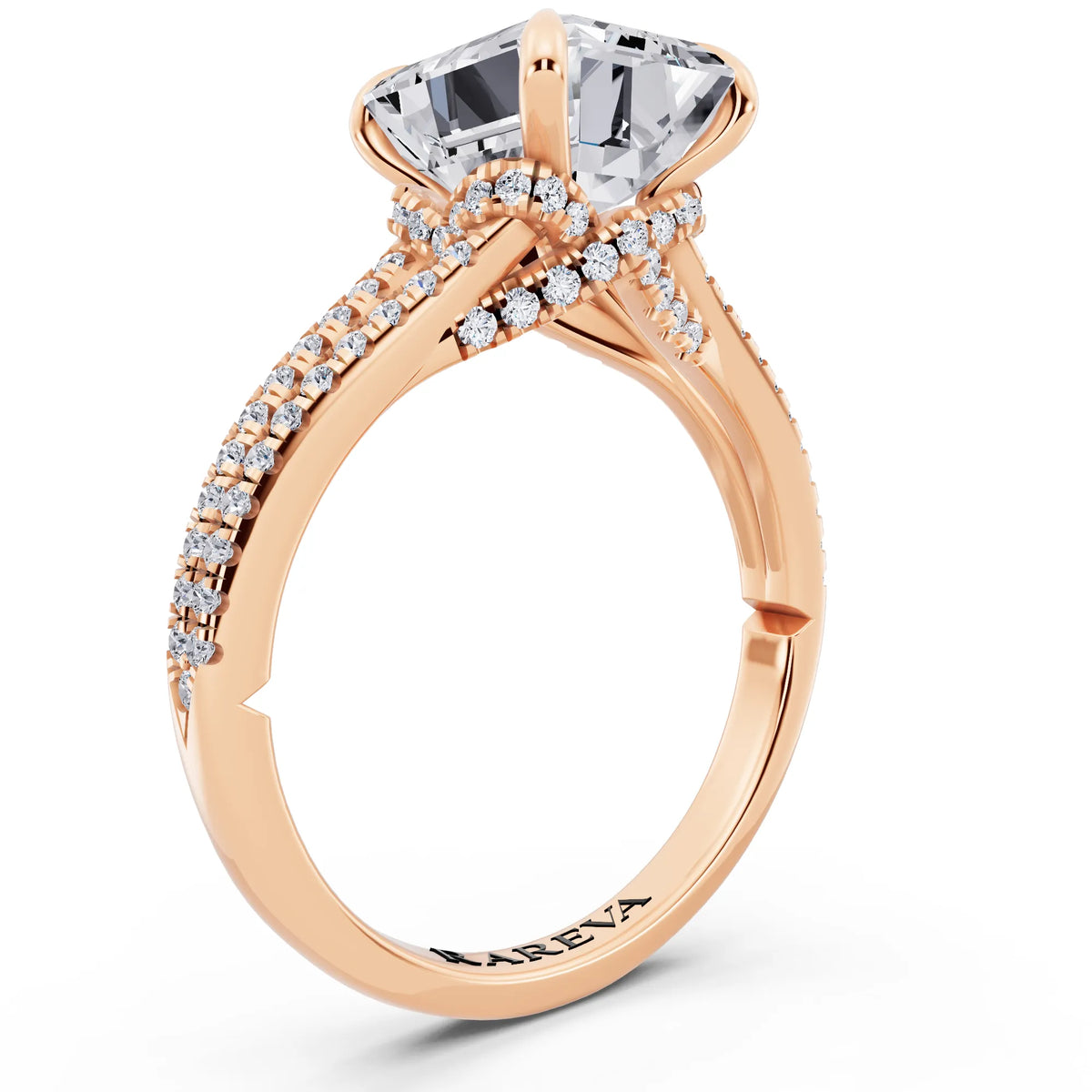 14 KT Rose Gold Emerald Cut Diamond Ring with Pavé Split Shank - top view