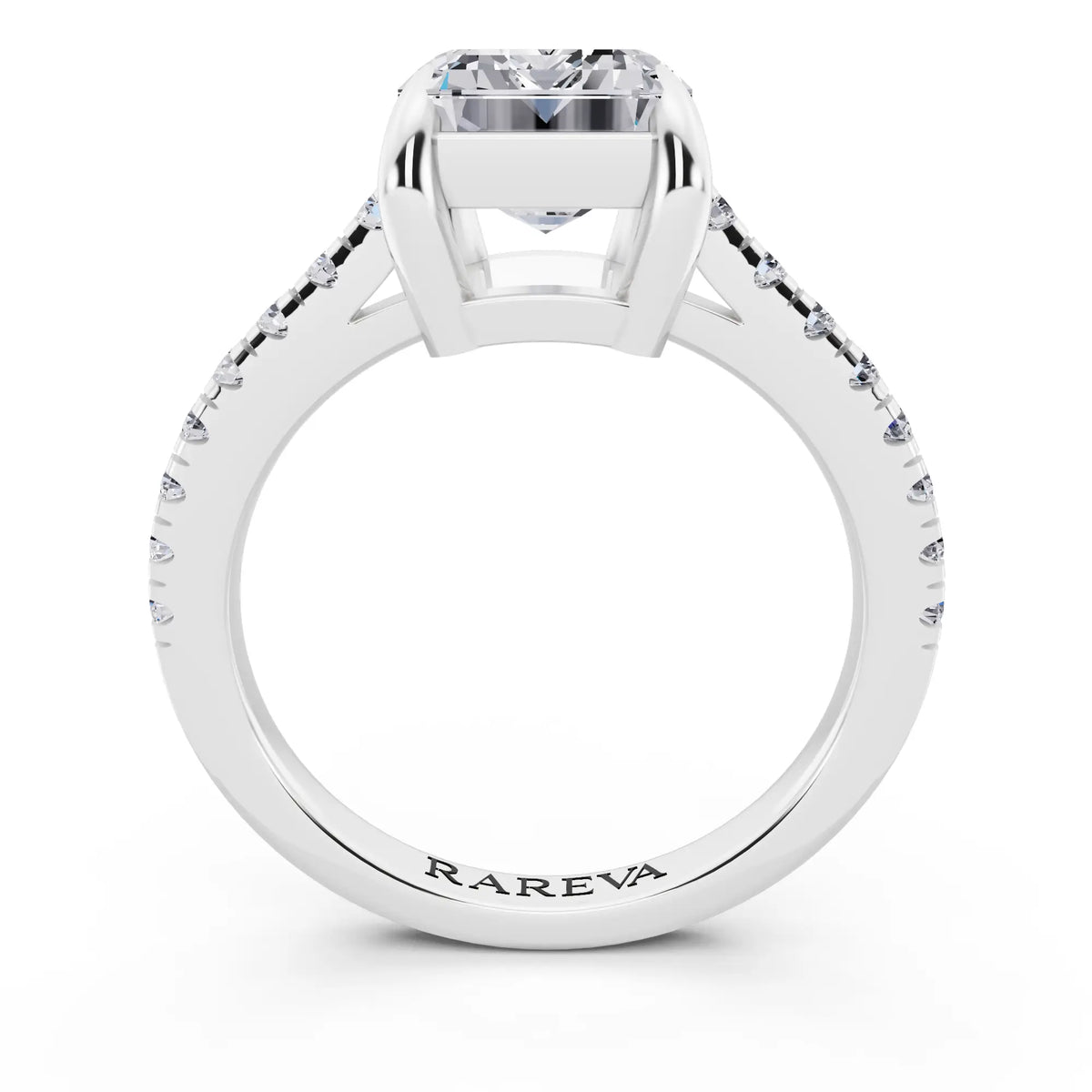 14 KT White Gold Emerald Cut Diamond Claw Prong Solitaire Ring with French Pave Band - through finger