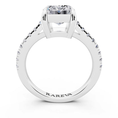 14 KT White Gold Emerald Cut Diamond Claw Prong Solitaire Ring with French Pave Band - through finger