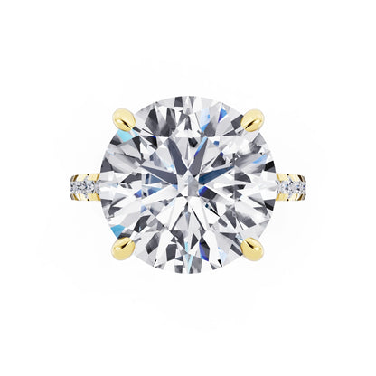 18 KT Yellow Gold Round Cut Diamond Hidden Halo Tiger Prong Pave Band Ring - top angle