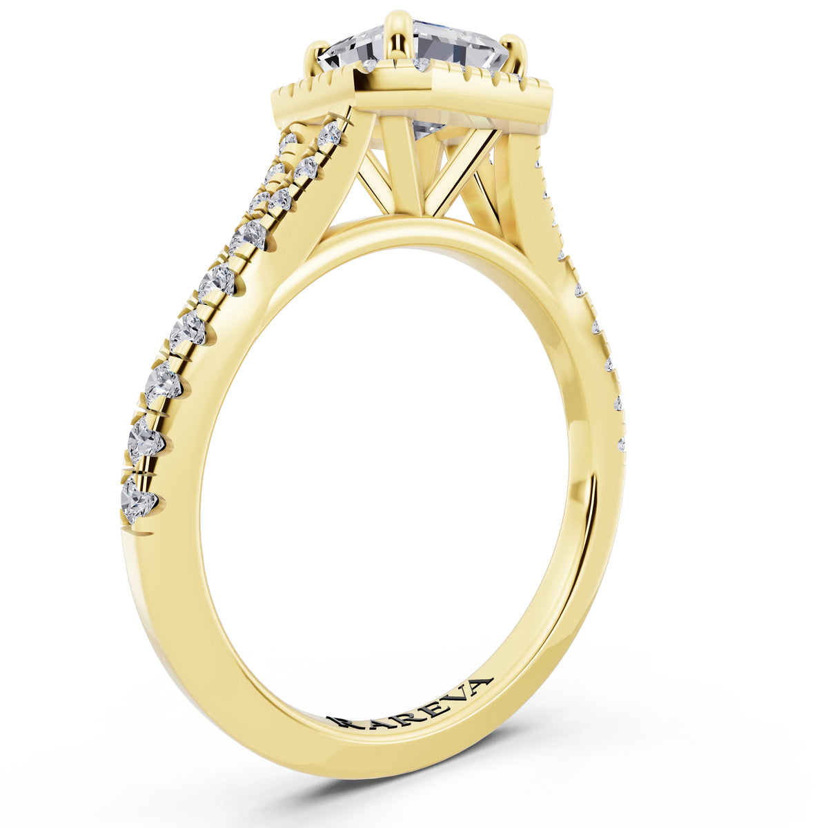 14 KT Yellow Gold Asscher Cut Diamond Halo Ring with Split Shank - top view