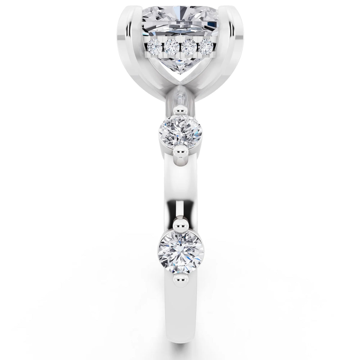 18 KT White Gold Cushion Cut Diamond Solitaire Ring with Floating Diamond Accents - side view