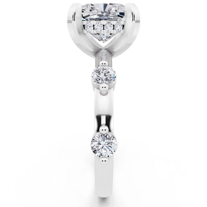 18 KT White Gold Cushion Cut Diamond Solitaire Ring with Floating Diamond Accents - side view