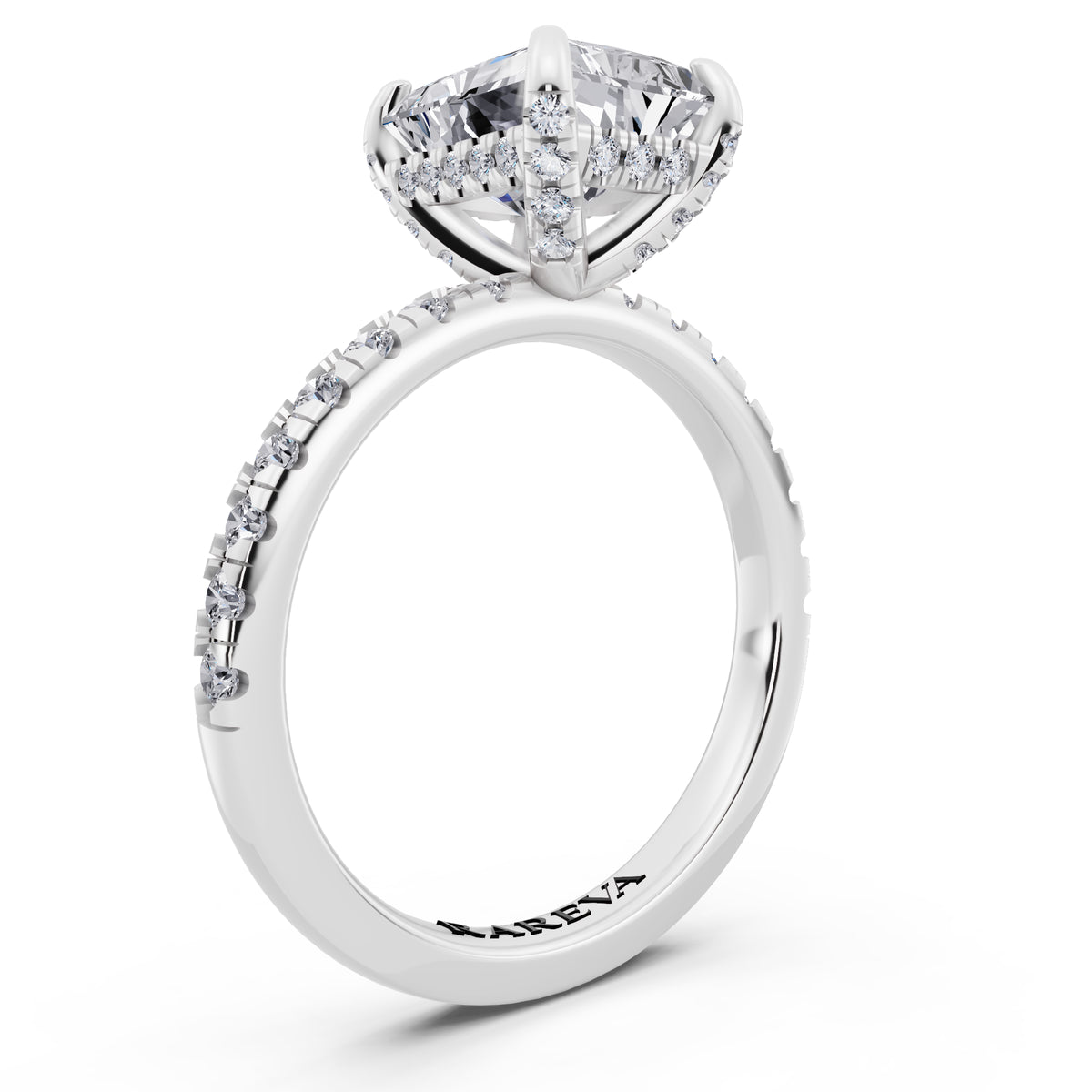 18 KT White Gold Radiant Cut Diamond Hidden Halo Ring with Pave Shank - top view
