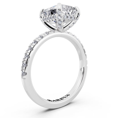 18 KT White Gold Radiant Cut Diamond Hidden Halo Ring with Pave Shank - top view