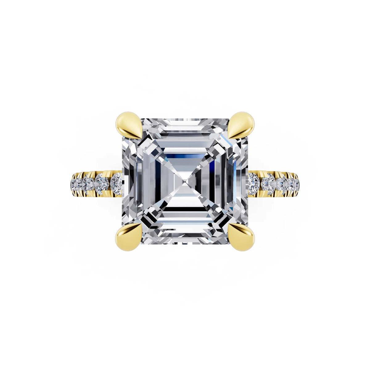 14 KT Yellow Gold Asscher Cut Diamond Solitaire Ring with Round Pavé Band and Prong Setting - top angle