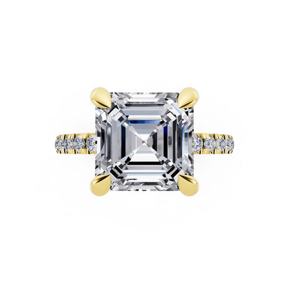 14 KT Yellow Gold Asscher Cut Diamond Solitaire Ring with Round Pavé Band and Prong Setting - top angle