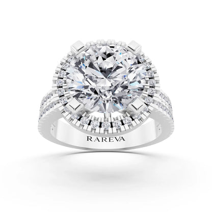 Platinum Round Cut Diamond Halo Ring with Twin Pave Band - front view