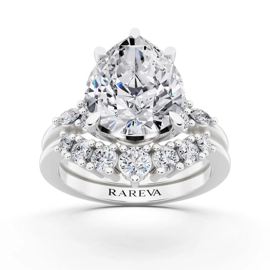 14 KT White Gold Pear Cut Diamond Ring with Curved Cluster Band - front view