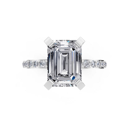 14 KT White Gold Emerald Cut Diamond Solitaire Ring with Pave Shank - top angle