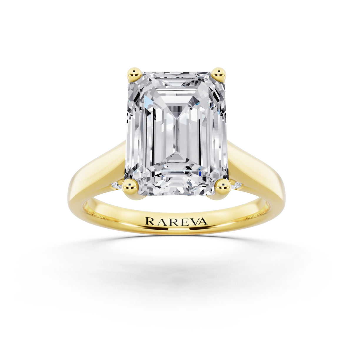 18 KT Yellow Gold Emerald Cut Diamond Solitaire Ring with Hidden Accent - front view