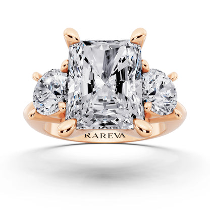 18 KT Rose Gold Radiant Cut Diamond Three Stone Ring with Round Accents - front view