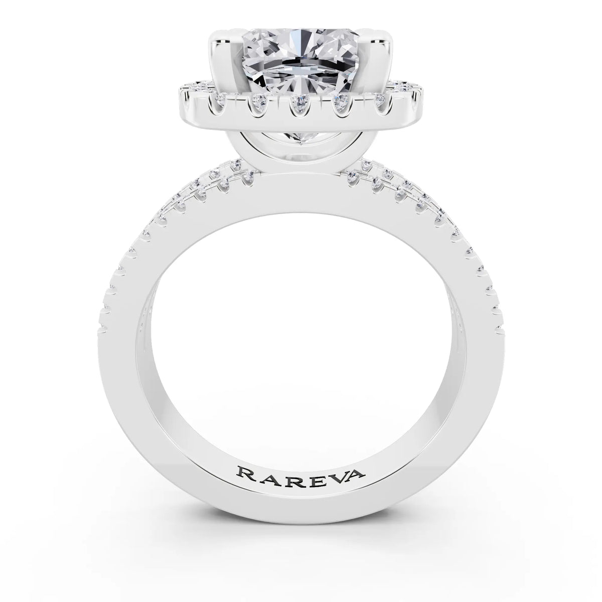 14 KT White Gold Cushion Cut Diamond Halo Ring with Pave Split Shank - through finger