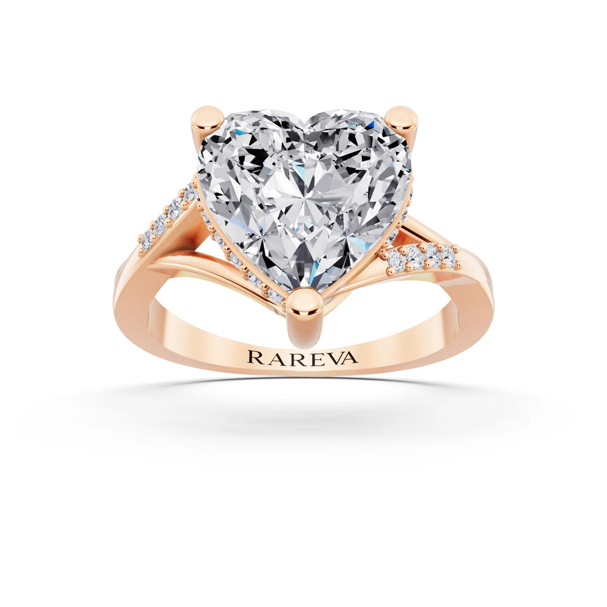 14 KT Rose Gold Heart Cut Diamond Split Shank Engagement Ring with Hidden Halo - front view