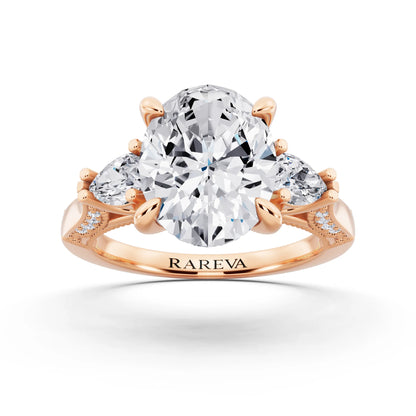 14 KT Rose Gold Oval Cut Diamond Three Stone Pear Accent Vintage Pave Ring - front view