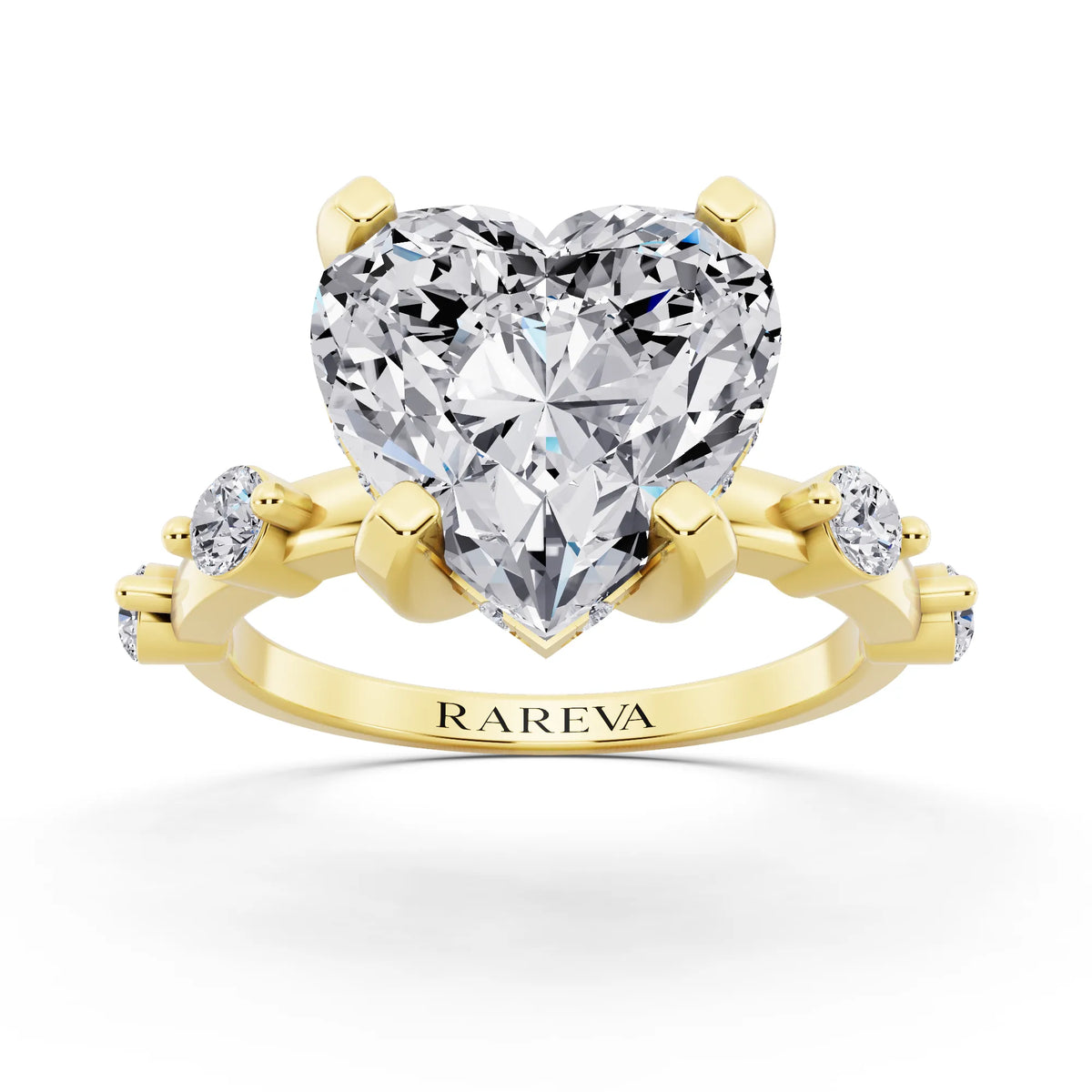 14 KT Yellow Gold Heart Cut Diamond Solitaire Ring with Floating Diamond Accents - front view