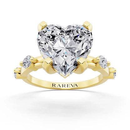 14 KT Yellow Gold Heart Cut Diamond Solitaire Ring with Floating Diamond Accents - front view