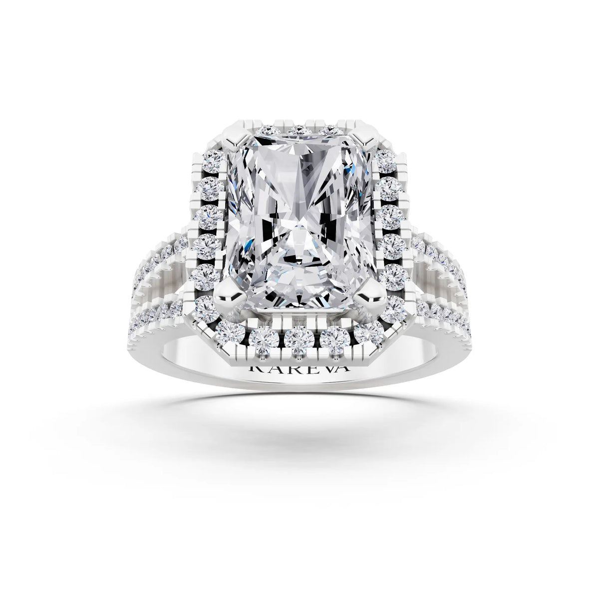 18 KT White Gold Radiant Cut Diamond Halo Ring with Pave Split Shank - front view