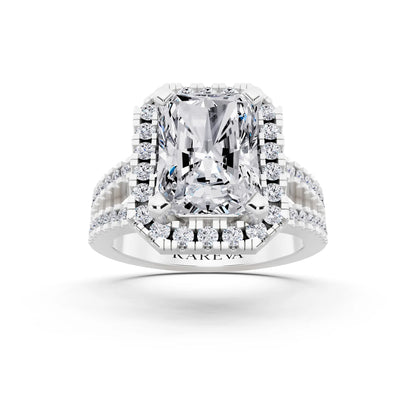 18 KT White Gold Radiant Cut Diamond Halo Ring with Pave Split Shank - front view