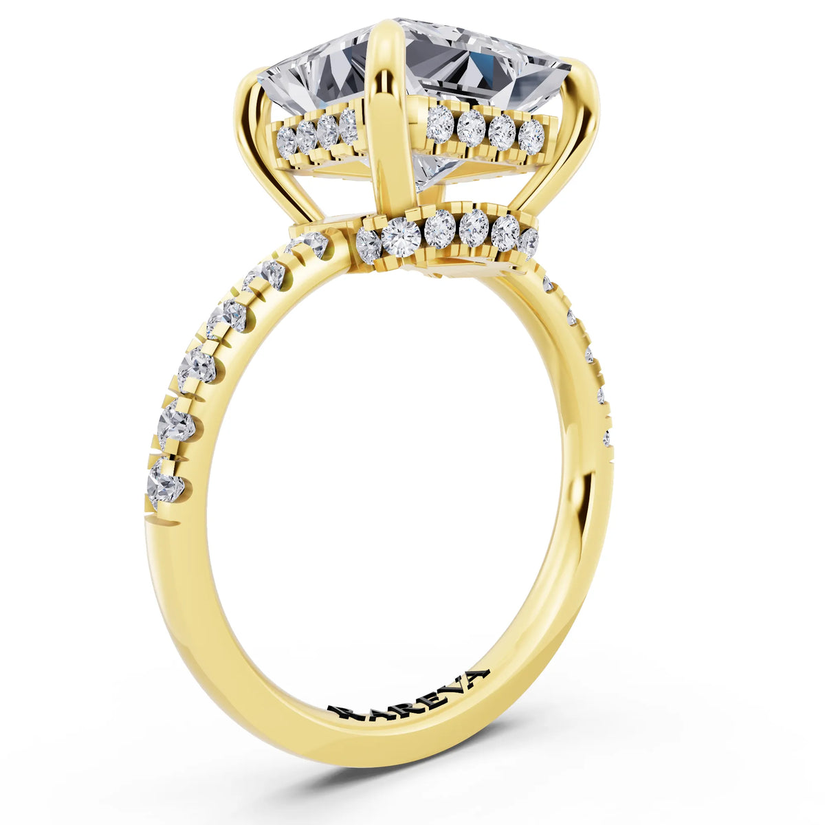 14 KT Yellow Gold Princess Cut Diamond Hidden Halo Tiger Prong Pave Band Ring - top view