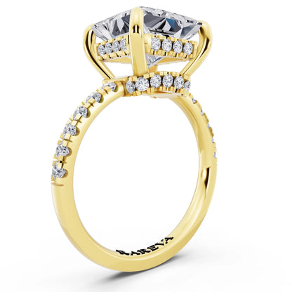 14 KT Yellow Gold Princess Cut Diamond Hidden Halo Tiger Prong Pave Band Ring - top view