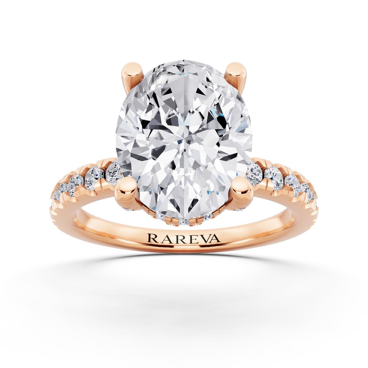 18 KT Rose Gold Oval Cut Diamond Hidden Halo Ring with Pave Shank - front view