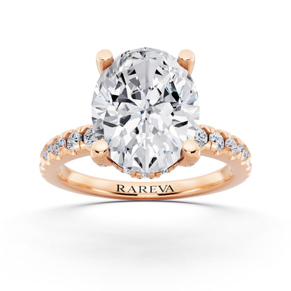 18 KT Rose Gold Oval Cut Diamond Hidden Halo Ring with Pave Shank - front view