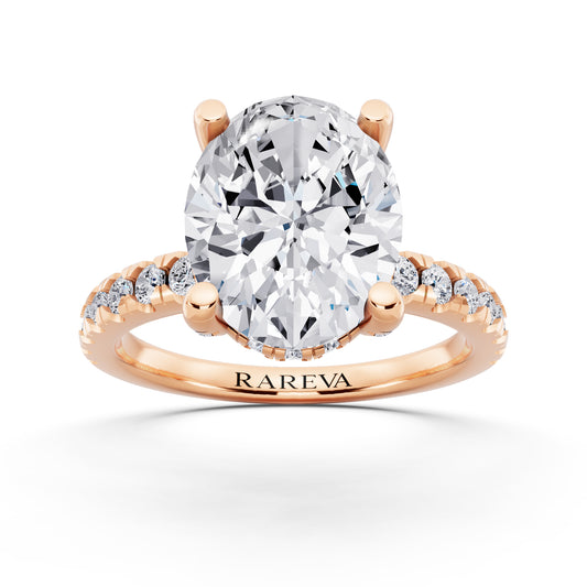18 KT Rose Gold Oval Cut Diamond Hidden Halo Ring with Pave Shank - front view