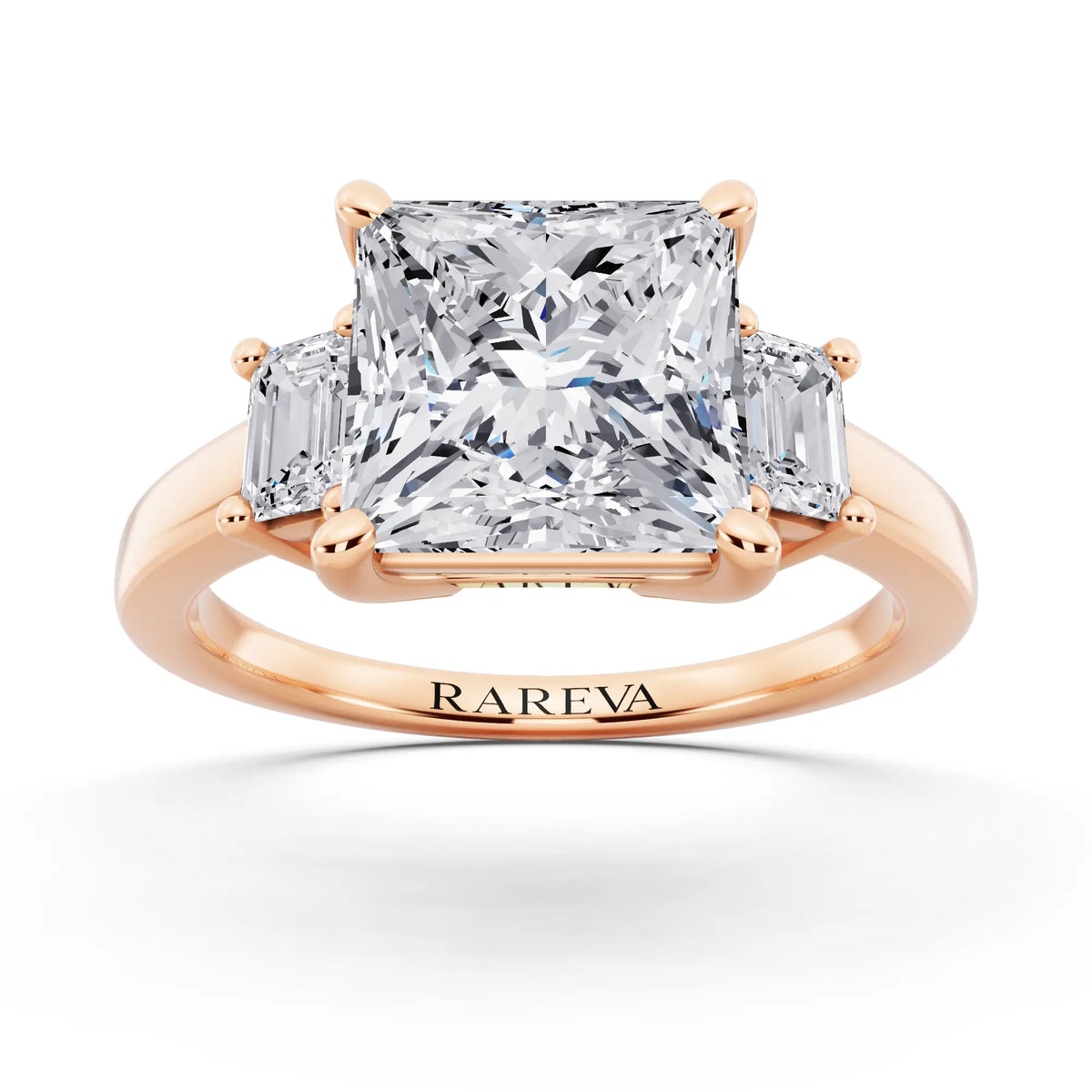 14 KT Rose Gold Princess Cut Diamond Three Stone Emerald Accent Ring - front view