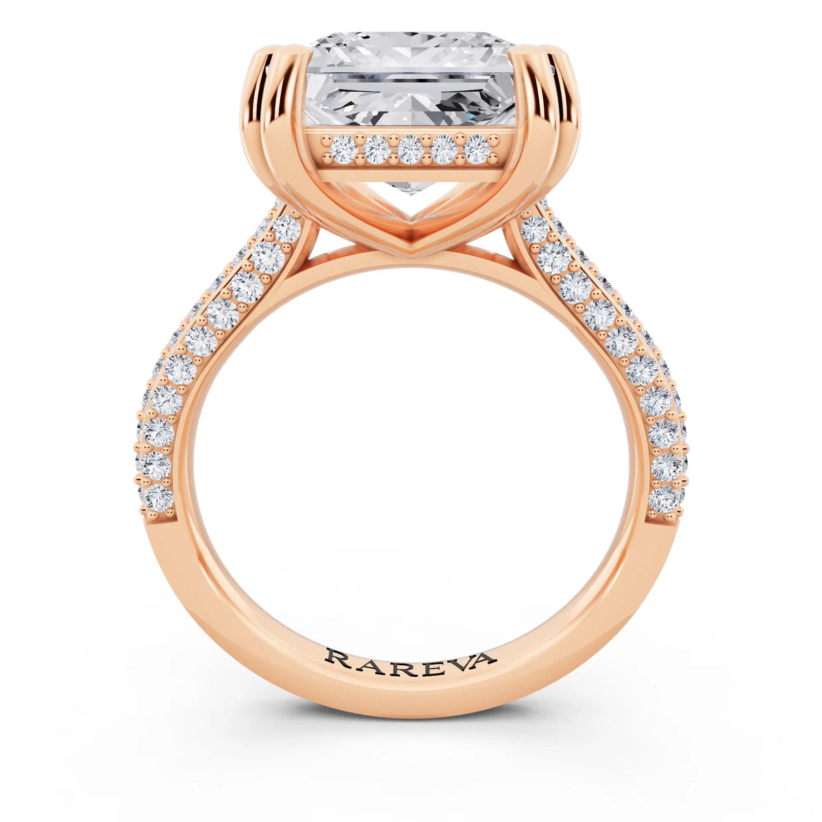 14 KT Rose Gold Princess Cut Diamond Hidden Halo Double Claw Pave Band Ring - through finger
