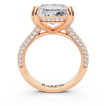 14 KT Rose Gold Princess Cut Diamond Hidden Halo Double Claw Pave Band Ring - through finger