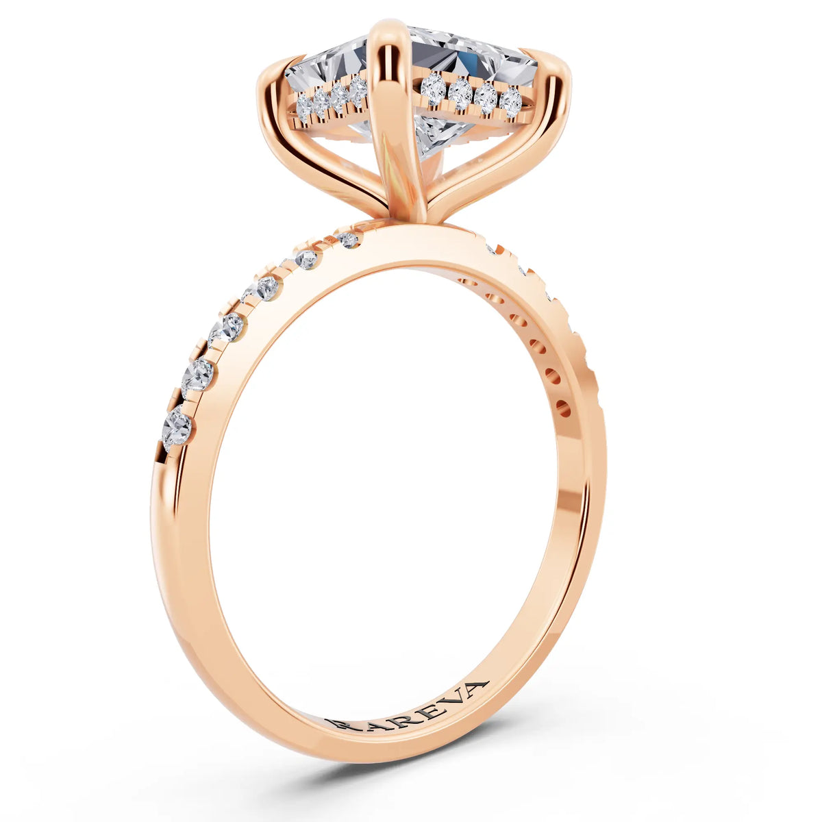 18 KT Rose Gold Princess Cut Diamond Solitaire Ring with Round Pavé Band and Prong Setting - top view
