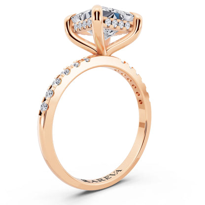 18 KT Rose Gold Princess Cut Diamond Solitaire Ring with Round Pavé Band and Prong Setting - top view