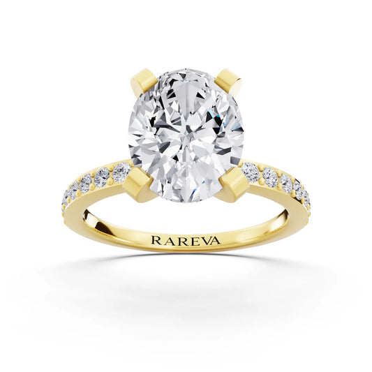 14 KT Yellow Gold Oval Cut Diamond Solitaire Ring with Pave Shank - front view