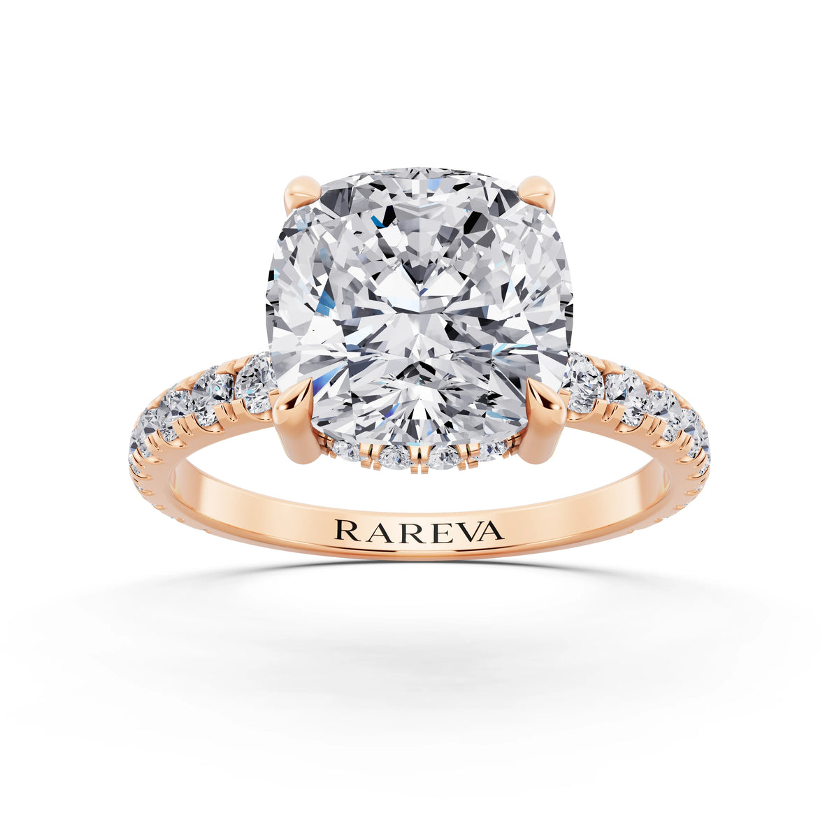 14 KT Rose Gold Cushion Cut Diamond Solitaire Ring with Hidden Halo and French Pave Band - front view