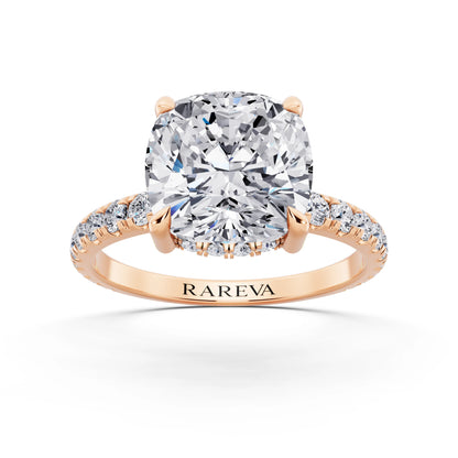14 KT Rose Gold Cushion Cut Diamond Solitaire Ring with Hidden Halo and French Pave Band - front view
