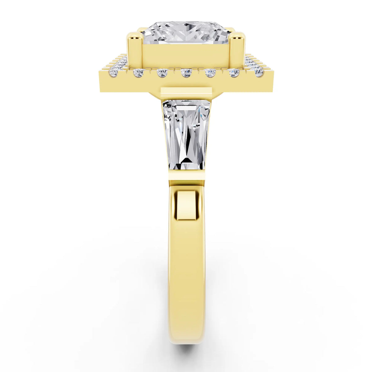 14 KT Yellow Gold Princess Cut Diamond Halo Ring with Baguette Accents - side view