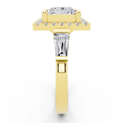 14 KT Yellow Gold Princess Cut Diamond Halo Ring with Baguette Accents - side view