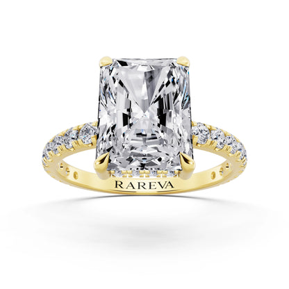 18 KT Yellow Gold Radiant Cut Diamond Solitaire Ring with Hidden Halo and French Pave Band - front view