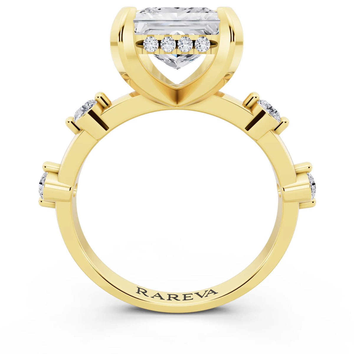 18 KT Yellow Gold Princess Cut Diamond Solitaire Ring with Floating Diamond Accents - through finger