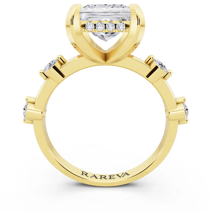 18 KT Yellow Gold Princess Cut Diamond Solitaire Ring with Floating Diamond Accents - through finger