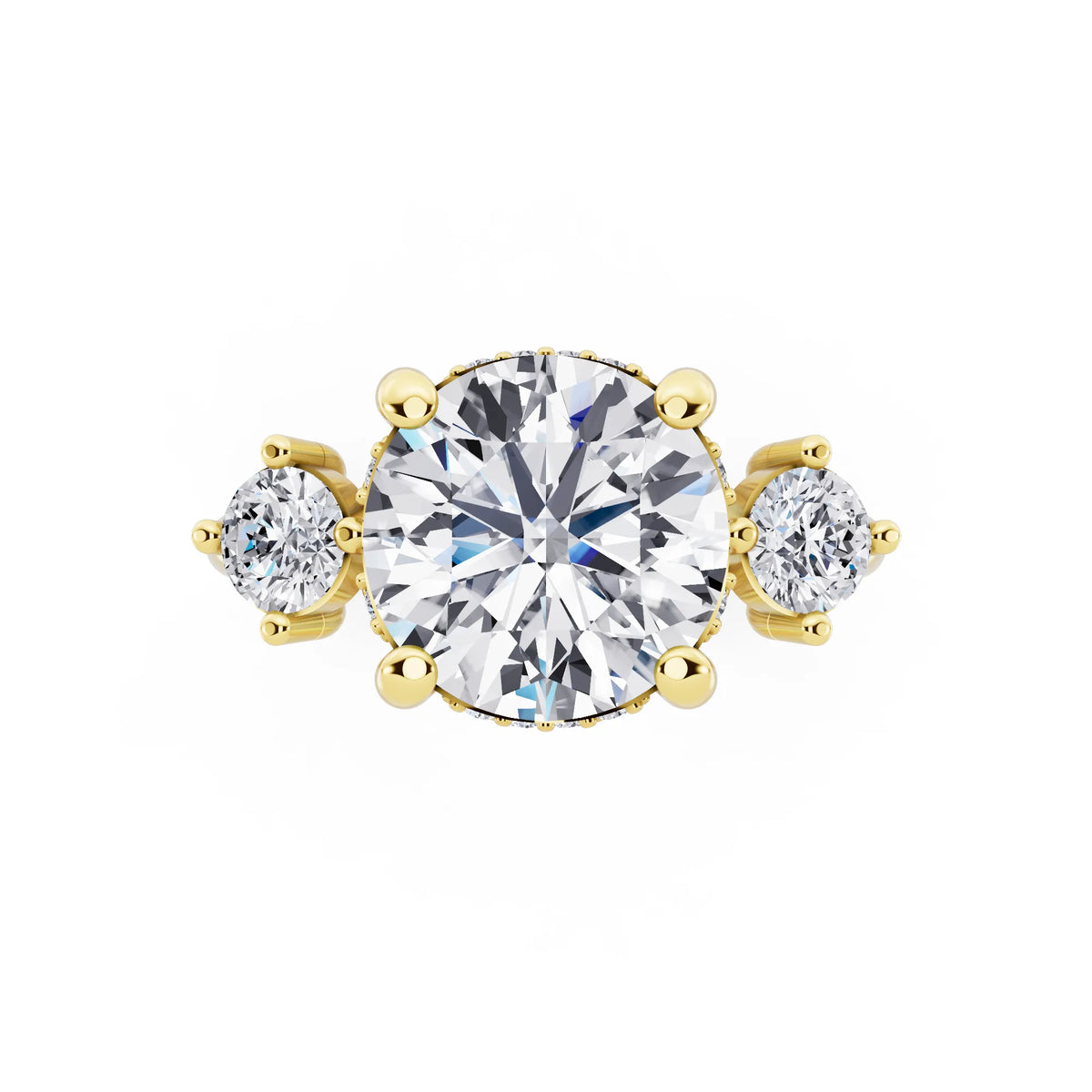 14 KT Yellow Gold Round Cut Diamond Three Stone Engagement Ring with Hidden Halo - top angle