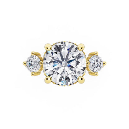 14 KT Yellow Gold Round Cut Diamond Three Stone Engagement Ring with Hidden Halo - top angle